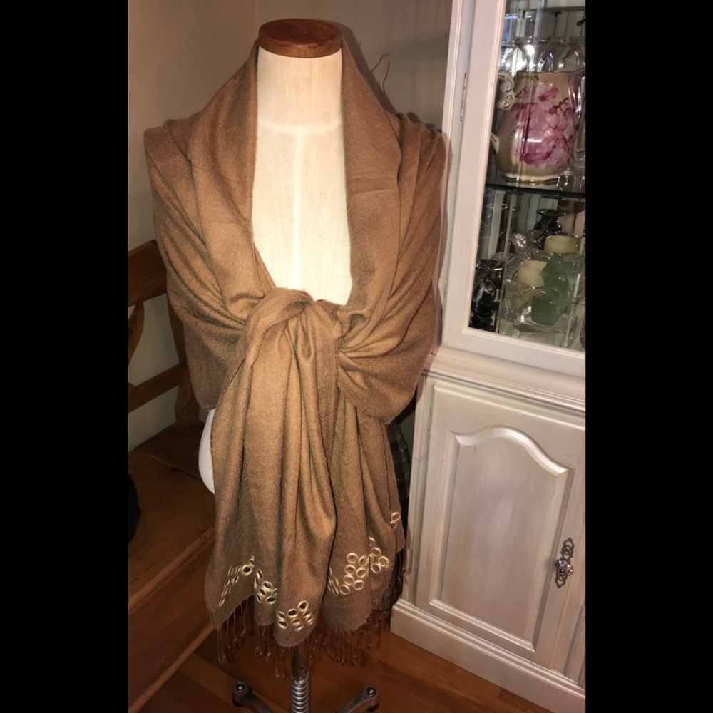 Divia Pashmina Beige Accented Fringed Shawl